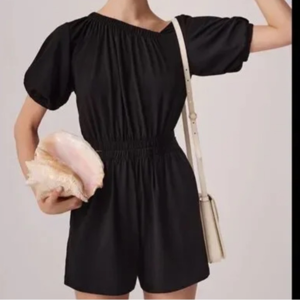 Cuyana Black Romper/Jumpsuit with Puff Sleeves and side-opening detail
